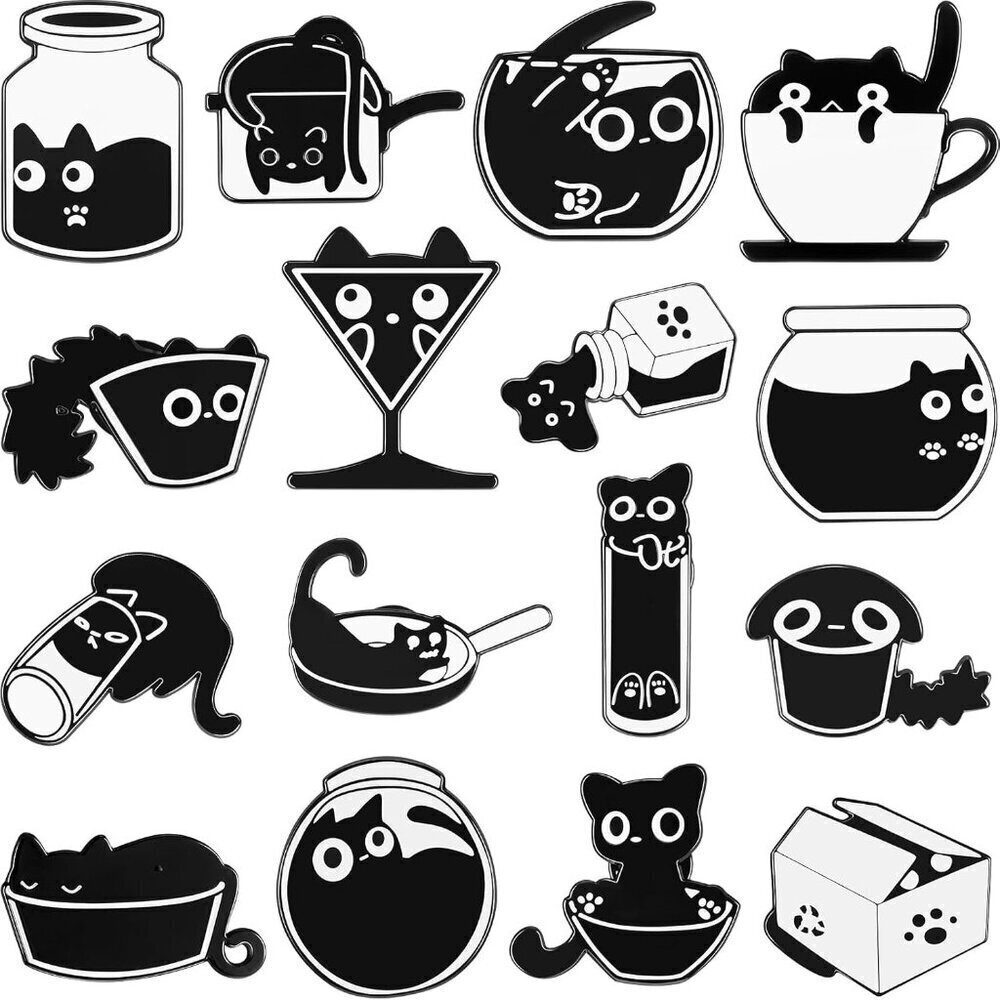 16 Black Cat Enamel Pins Bulk Cute Kawaii Fun Gift for Accessories
